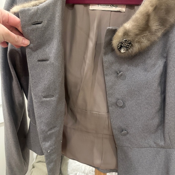 Vintage Frances Shop Gray Wool Suit Set Real Mink Fur Collar Jacket & Skirt S - Picture 9 of 16